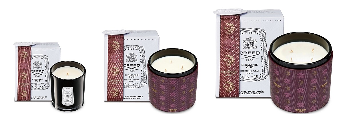 CREED 2021聖誕蠟燭外型突顯精品風範，650g和1680g瓶身更包裹著優雅勃根地酒紅色印花皮革套。220g，NT5,600、650g，NT20,800、1680g，NT30,800。