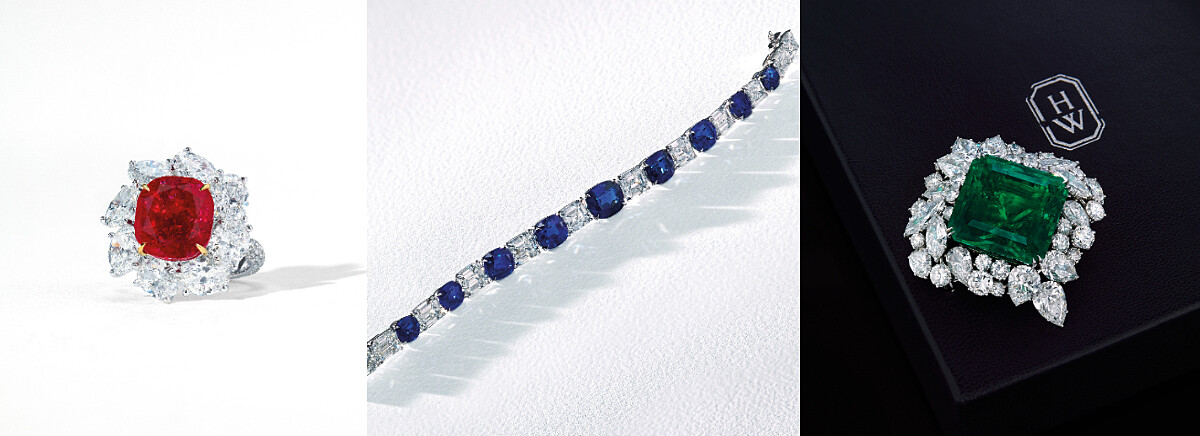  左至右：8.11克拉緬甸天然「鴿血紅」紅寶石及鑽石戒指、喀什米爾天然藍寶石及鑽石手鍊、68.90克拉哥倫比亞祖母綠及鑽石胸針/吊墜, Harry Winston設計