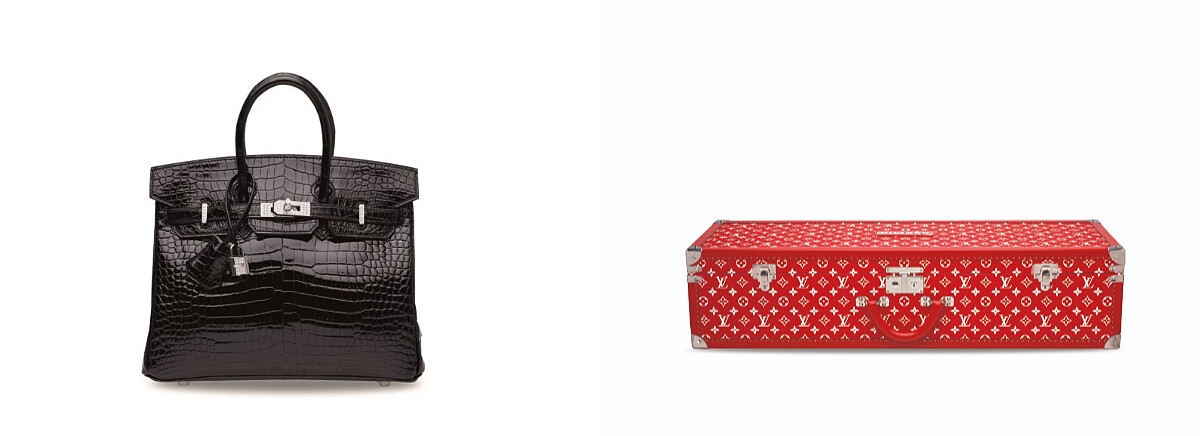 左：HERMES珍罕亮面黑色POROSUS灣鱷皮25公分鑽石柏金包(2018)，附18K白金及鑽石配件。 右：Louis Vuitton X SUPREME聯名限量版紅色及白色MONOGRAM滑板收藏箱(2017)，附銀色配件。