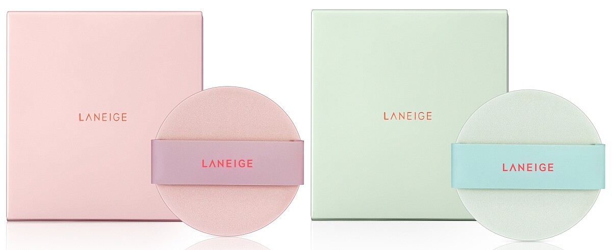 LANEIGE蘭芝NEO型塑光感氣墊粉色與綠色。