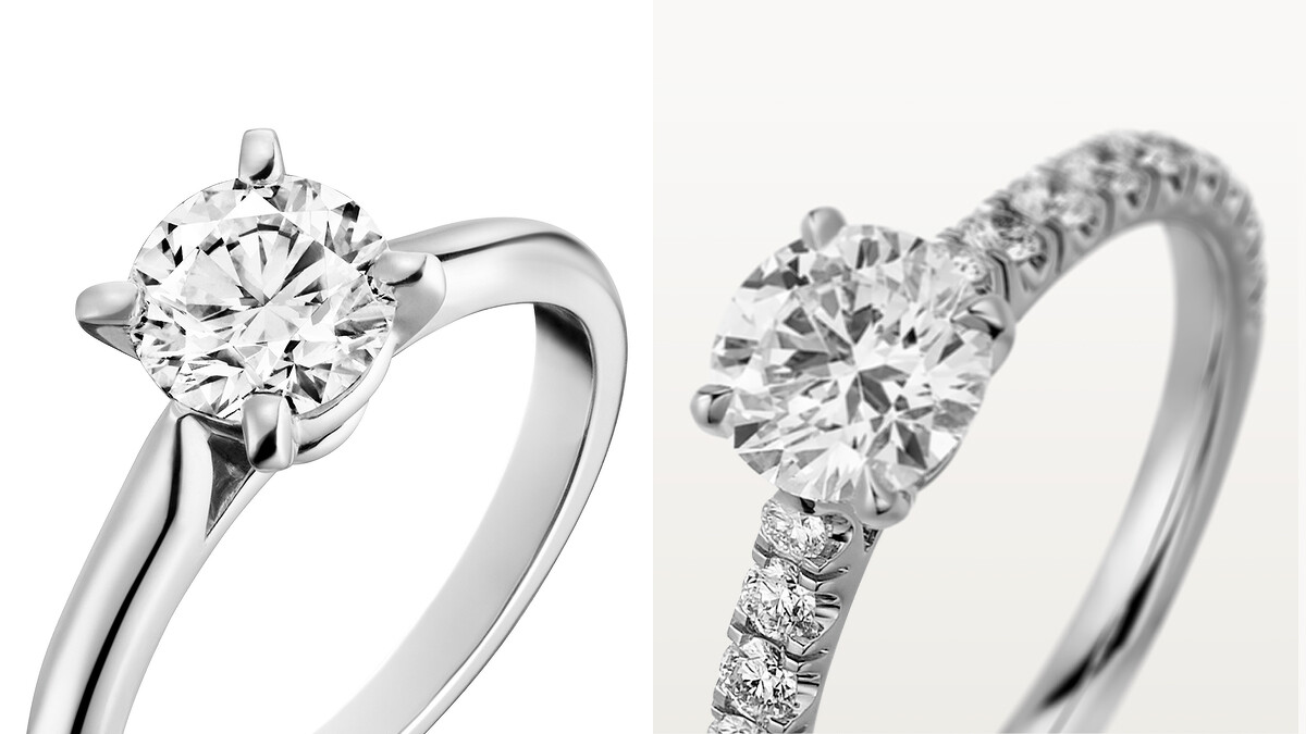 左至右：Solitaire 1895系列鉑金單鑽戒指(鑲嵌一顆枕形切割鑽石)； Solitaire 1895系列鉑金單鑽戒指(鑲嵌一顆圓形明亮式切割鑽石，並鋪鑲上圓形明亮式切割鑽石)。
