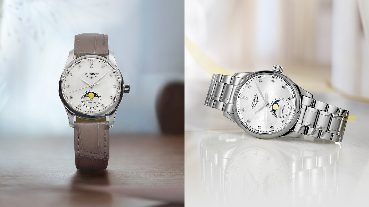 錶帶有多種配色與材質可供選擇的Longines浪琴表Master巨擘系列珍珠母貝面盤月相女士腕錶。 