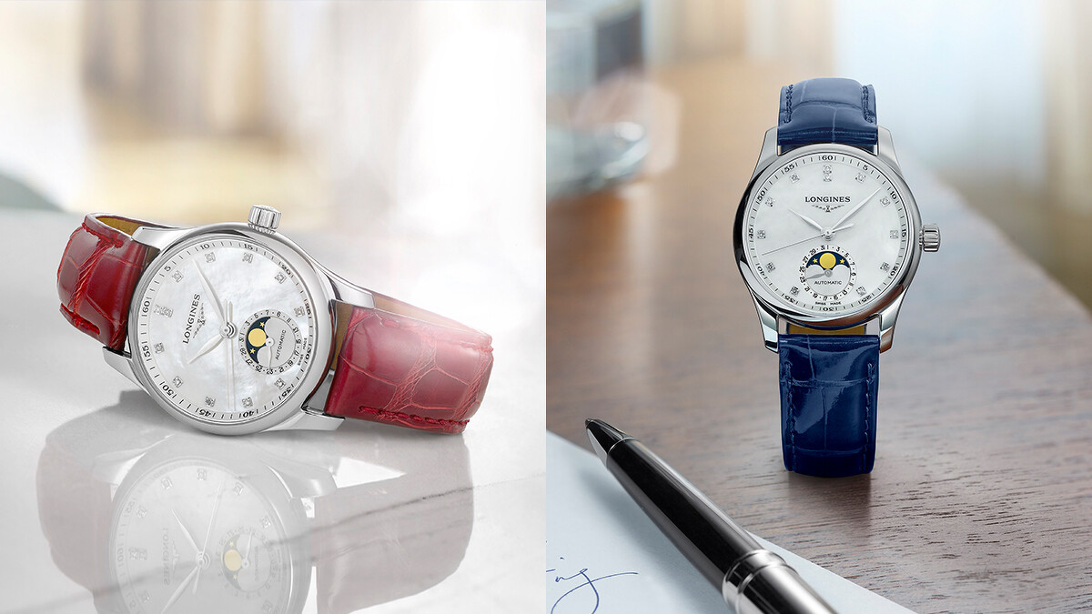 錶帶有多種配色與材質可供選擇的Longines浪琴表Master巨擘系列珍珠母貝面盤月相女士腕錶。