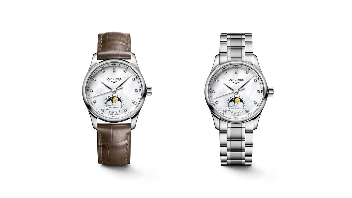 Longines浪琴表Master巨擘系列珍珠母貝面盤月相女士腕錶。 