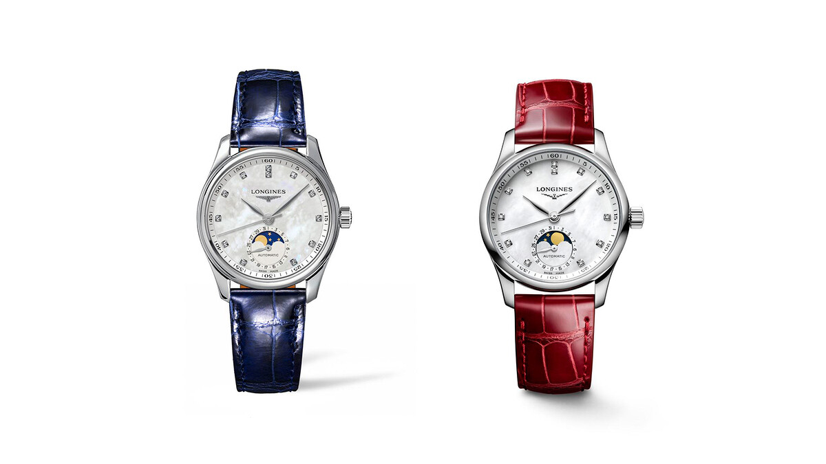 Longines浪琴表Master巨擘系列珍珠母貝面盤月相女士腕錶。