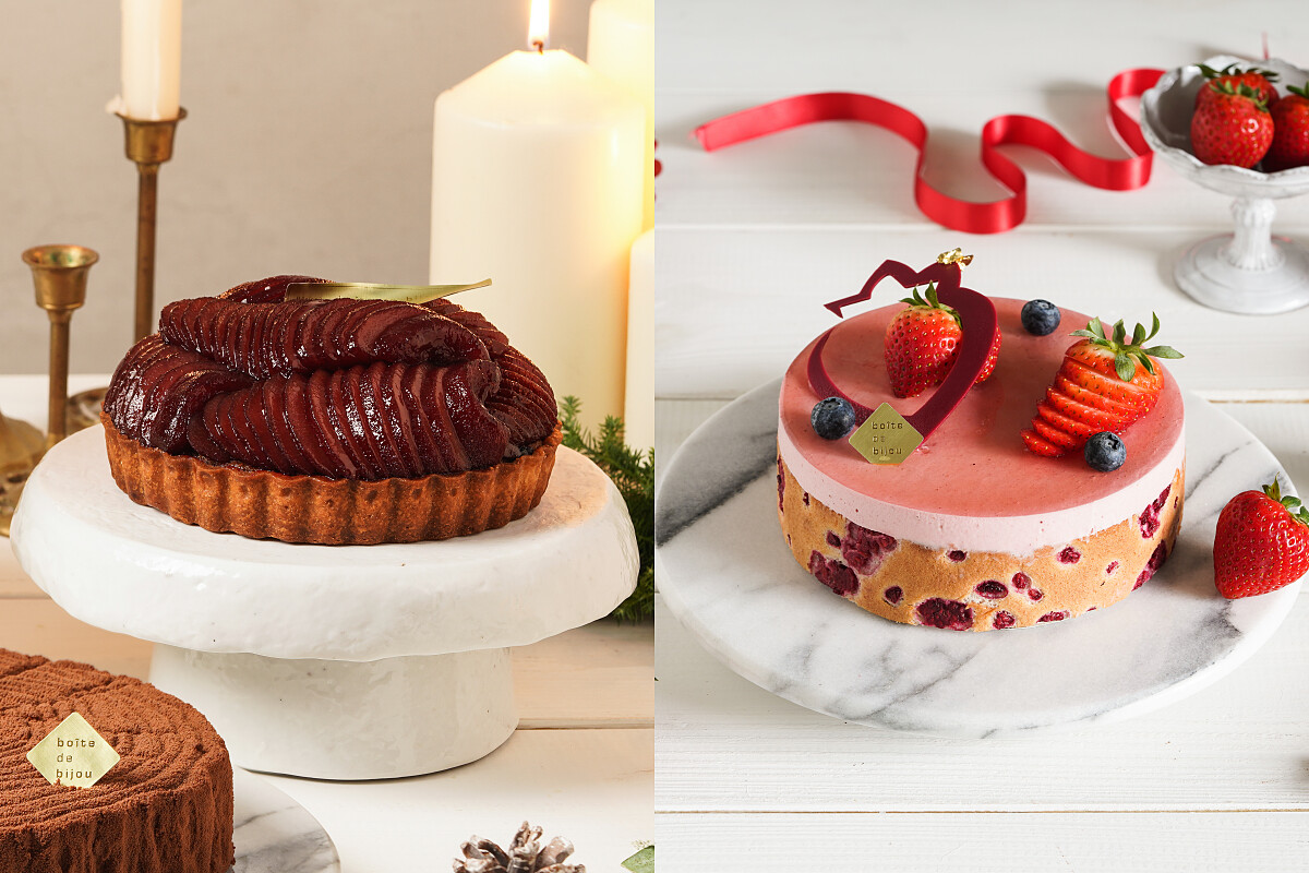 左為紅酒洋梨塔，售價1,300元，11/12～12/2訂購享早鳥價1,200元，12/3～12/31可取貨；右為草莓茴香慕斯，售價1,480元，11/12～12/2訂購享早鳥價1,380元，12/3～12/31可取貨。