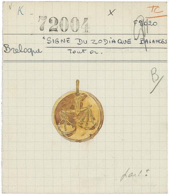 「Sign of the Zodiac」天秤座吊飾產品記錄卡，1955年，Van Cleef & Arpels梵克雅寶典藏資料