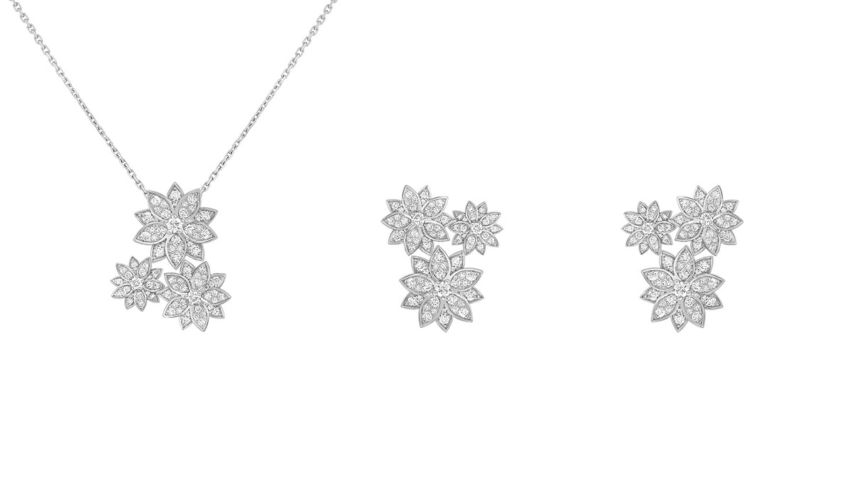 Lotus系列新作三花吊墜(白K金、鑽石)、Lotus系列新作三花耳環(白K金、鑽石)