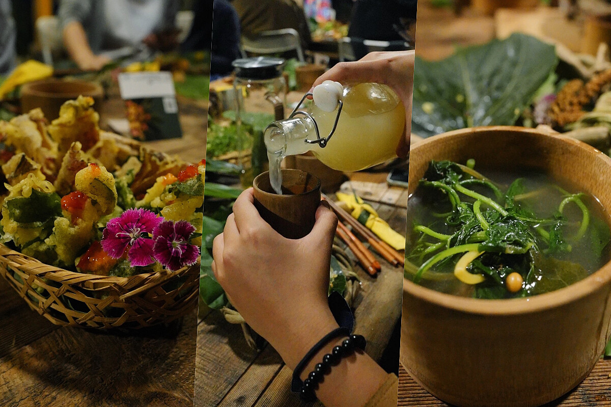 左起野菜天婦羅、小米酒、樹豆野菜湯。