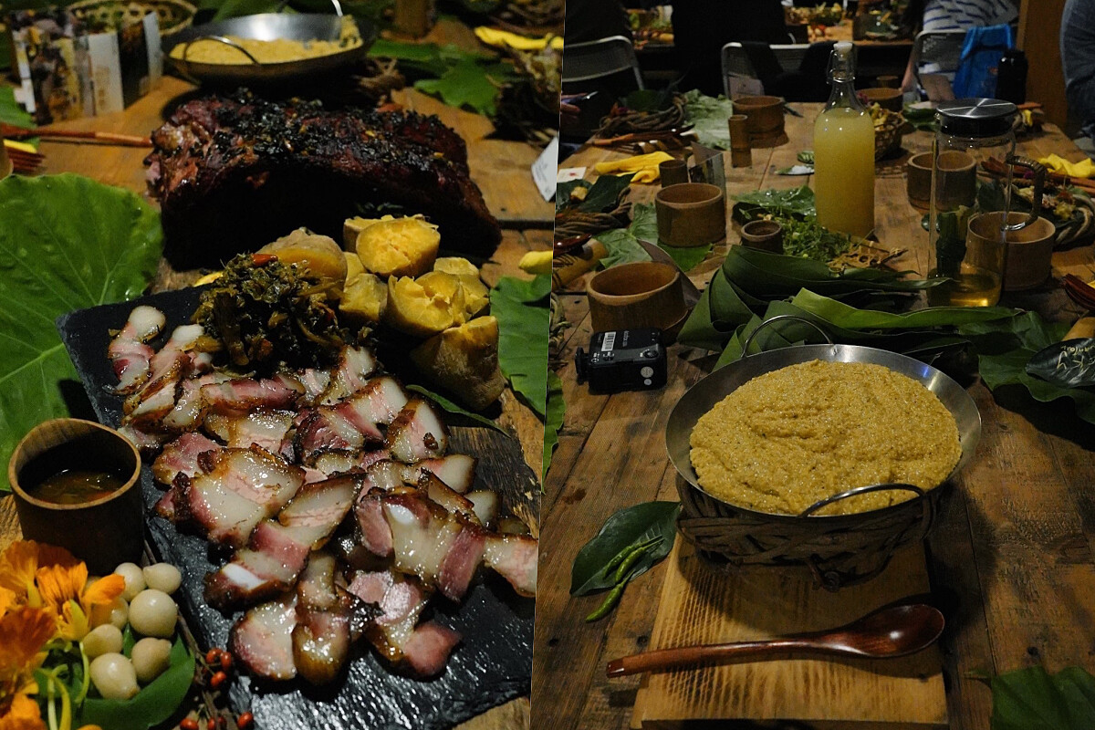 左起荖葉烤豬肋排、小米飯。