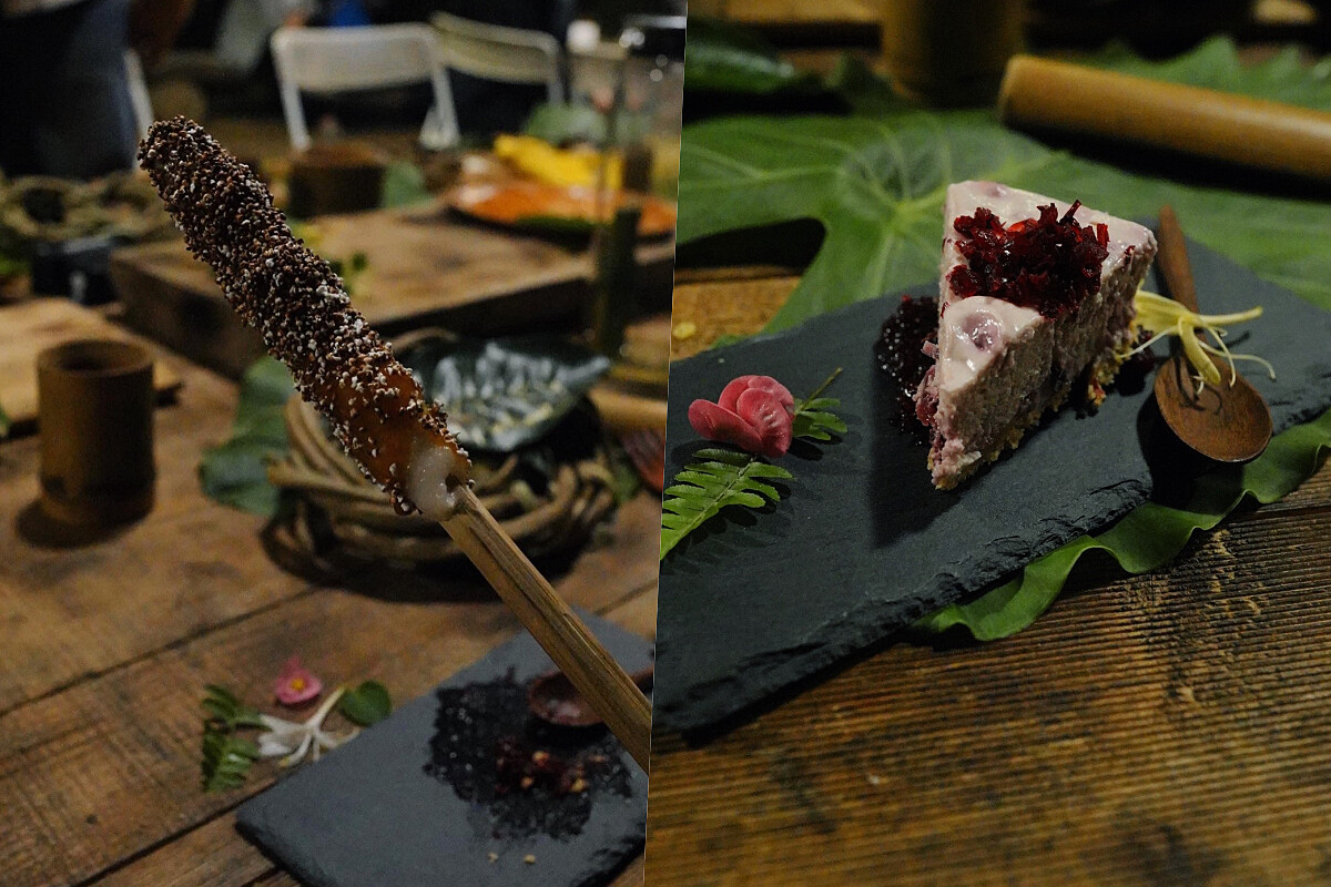 左起烤麻糬佐焦糖醬以及油芒、洛神起司蛋糕。