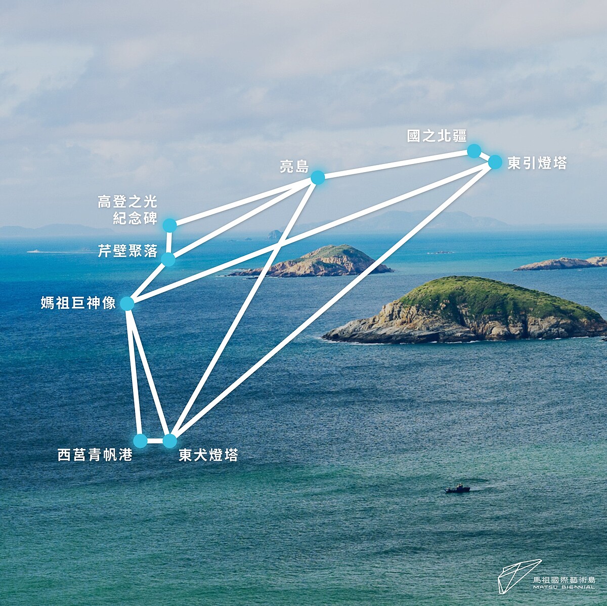 將馬祖列島八個位置使用線條連結起來，作為藝術島的識別 Logo。