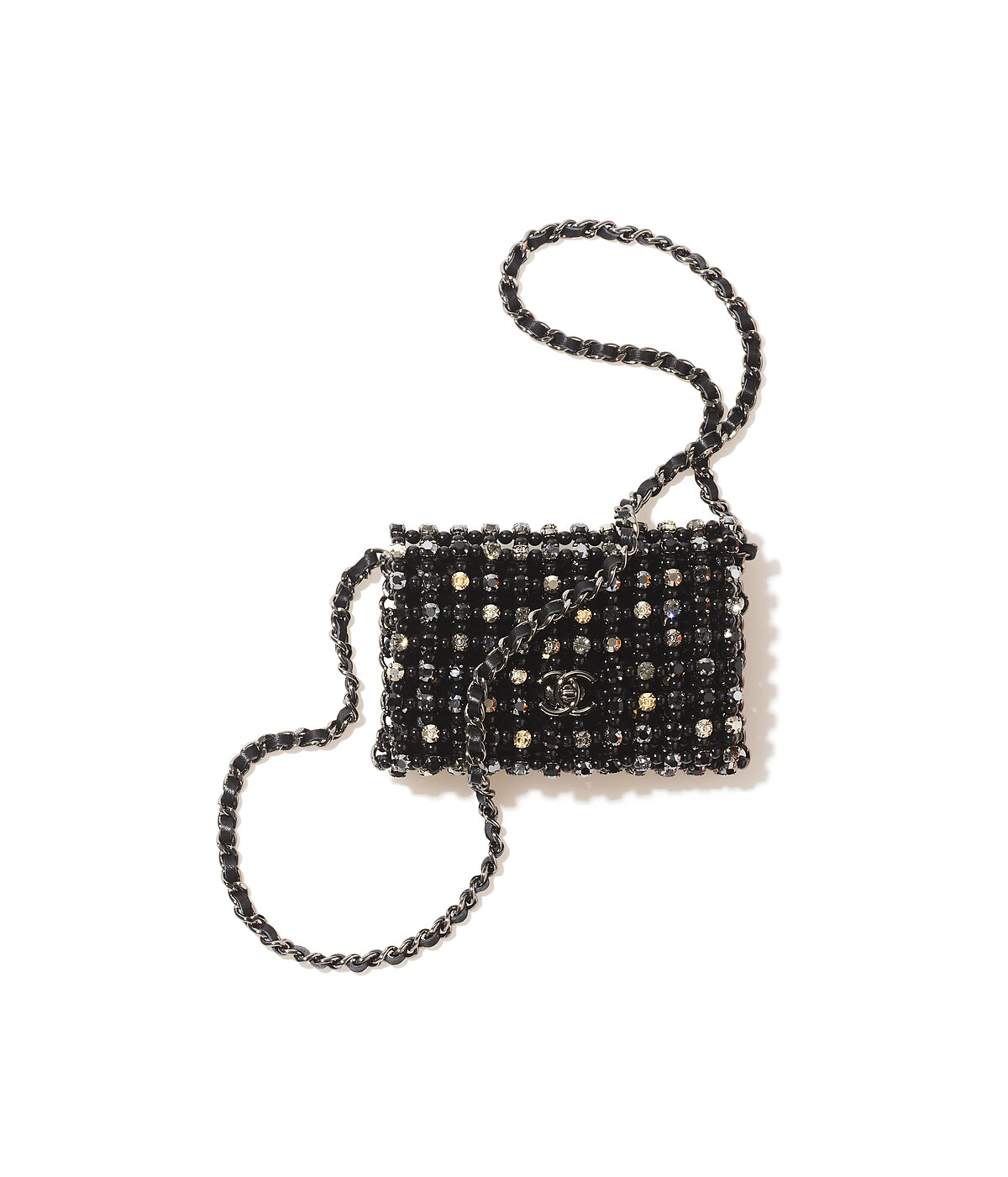 黑色皮革水晶鑲飾幻象珍珠皮穿鍊肩背包，NT379,200