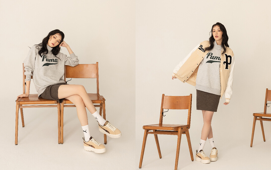 流行系列Puma T高領衫，NT$2,080、流行系列Puma T棒球外套，NT$3,580、Mayze Wns Flannel鞋款，NT$3,280。