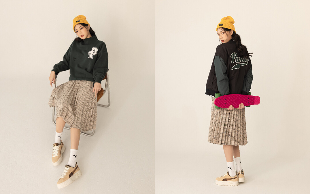 ARCHIVE毛帽，NT$680、流行系列Puma T高領衫，NT$2,080、流行系列Puma T棒球外套，NT$3,280、Mayze Wns Flannel鞋款，NT$3,280。