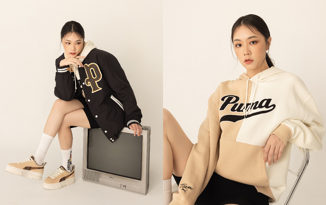 流行系列Puma T撞色長厚連帽T恤，NT$2,280、流行系列Puma T棒球外套，NT$3,580、Mayze Wns Flannel鞋款，NT$3,280。
