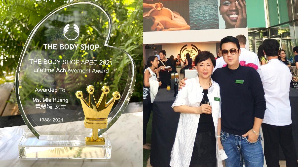 台灣「THE BODY SHOP美體小舖」創辦人黃慧娟獲頒THE BODY SHOP亞太區終身成就獎(左圖)，右圖為於法國巴黎舉辦之全球THE BODY SHOP負責人會議, 左為創辦人黃慧娟，右為其子，現台灣「THE BODY SHOP美體小舖」董事長曾峙屏。