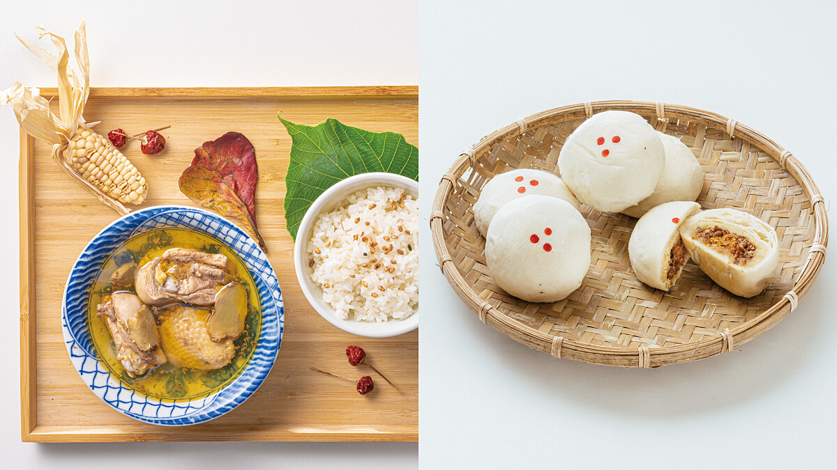 左為山谷裡的一家人的麻油雞湯，右為宜興園的綠豆椪。