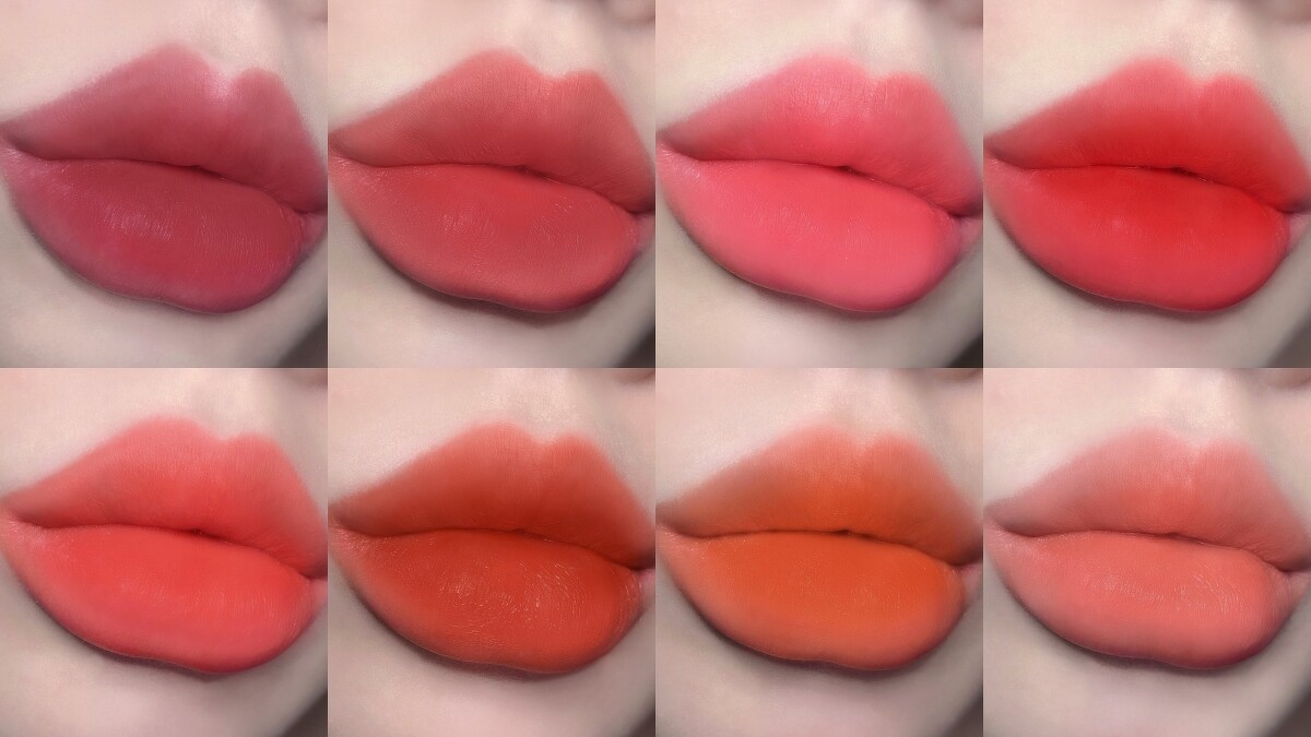 innisfree怦然空氣感薄霧唇萃，上排左至右#1~#4；下排左至右#5~#8。