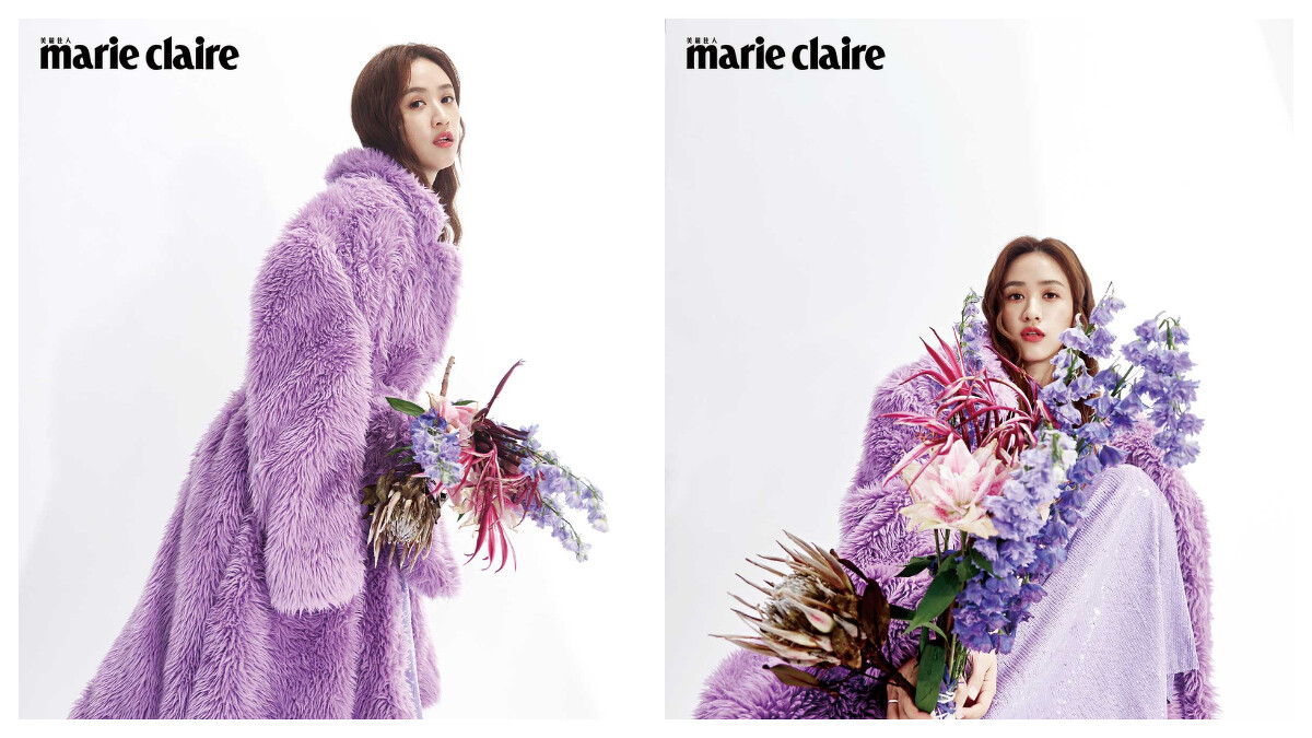 紫色亮片長洋裝、高羊毛大衣，both by MSGM；黑金雙色拼接高跟鞋，Manolo Blahnik。