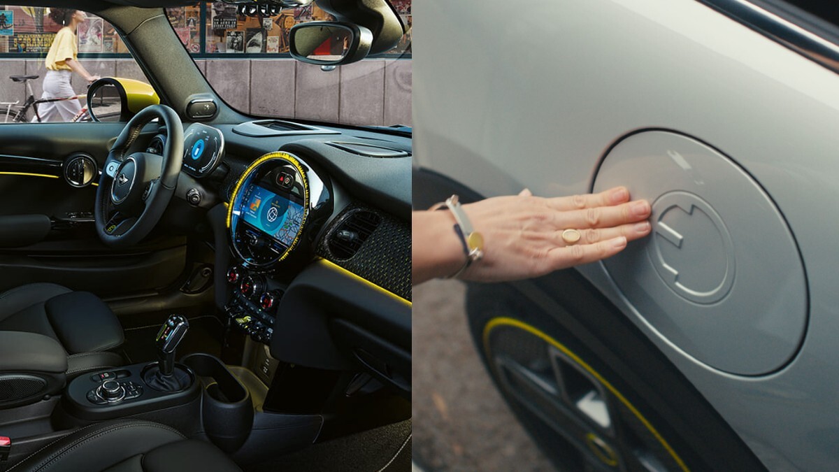 座艙空間置入醒目的MINI Electric電動車專屬色調Energetic Yellow，充電孔蓋板上採雕刻設計，由象徵純電駕馭的插頭與Electric字首「E」組成的MINI電動車專屬Logo。