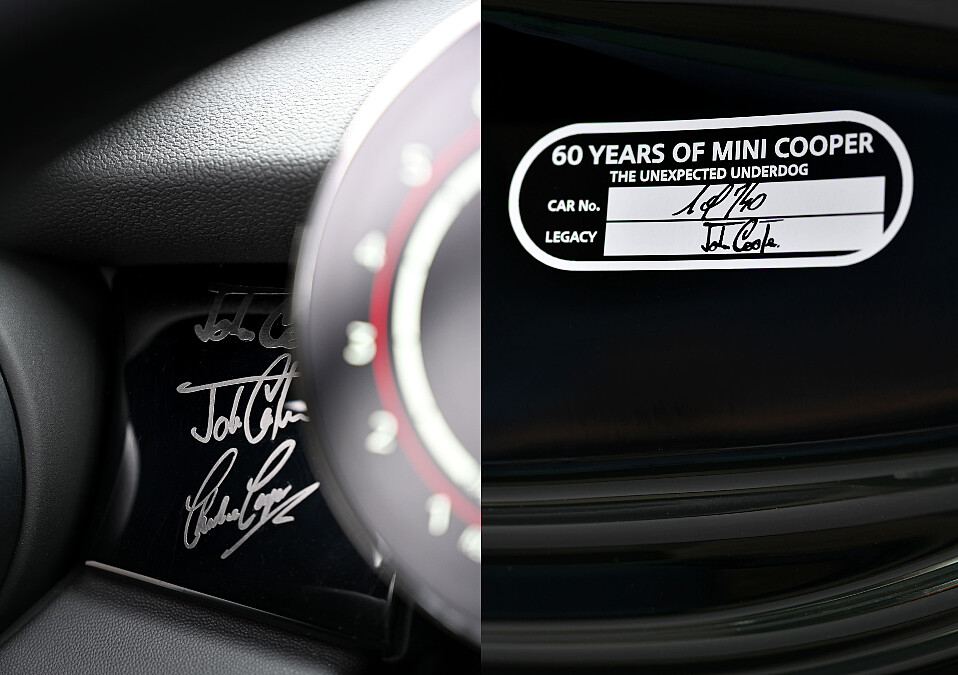 Cooper家族John Cooper、Mike Cooper、Charlie Cooper三代簽名設計置於駕駛座左前方，更添不凡紀念意義；每輛MINI Anniversary Edition上皆擁有簽名限量證明。