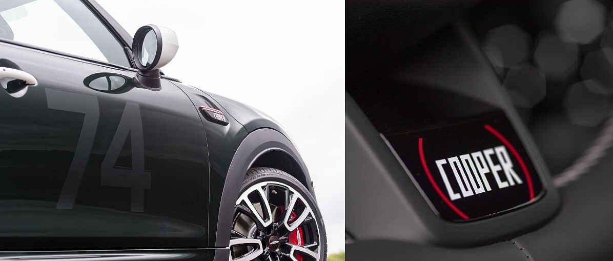 車身重現MINI首次參賽奪冠的冠軍車號74號，Cooper家族所創立的Cooper汽車公司Logo亦細心置入於C柱、專屬方向燈飾板、專屬迎賓門檻、Nappa真皮跑車方向盤。