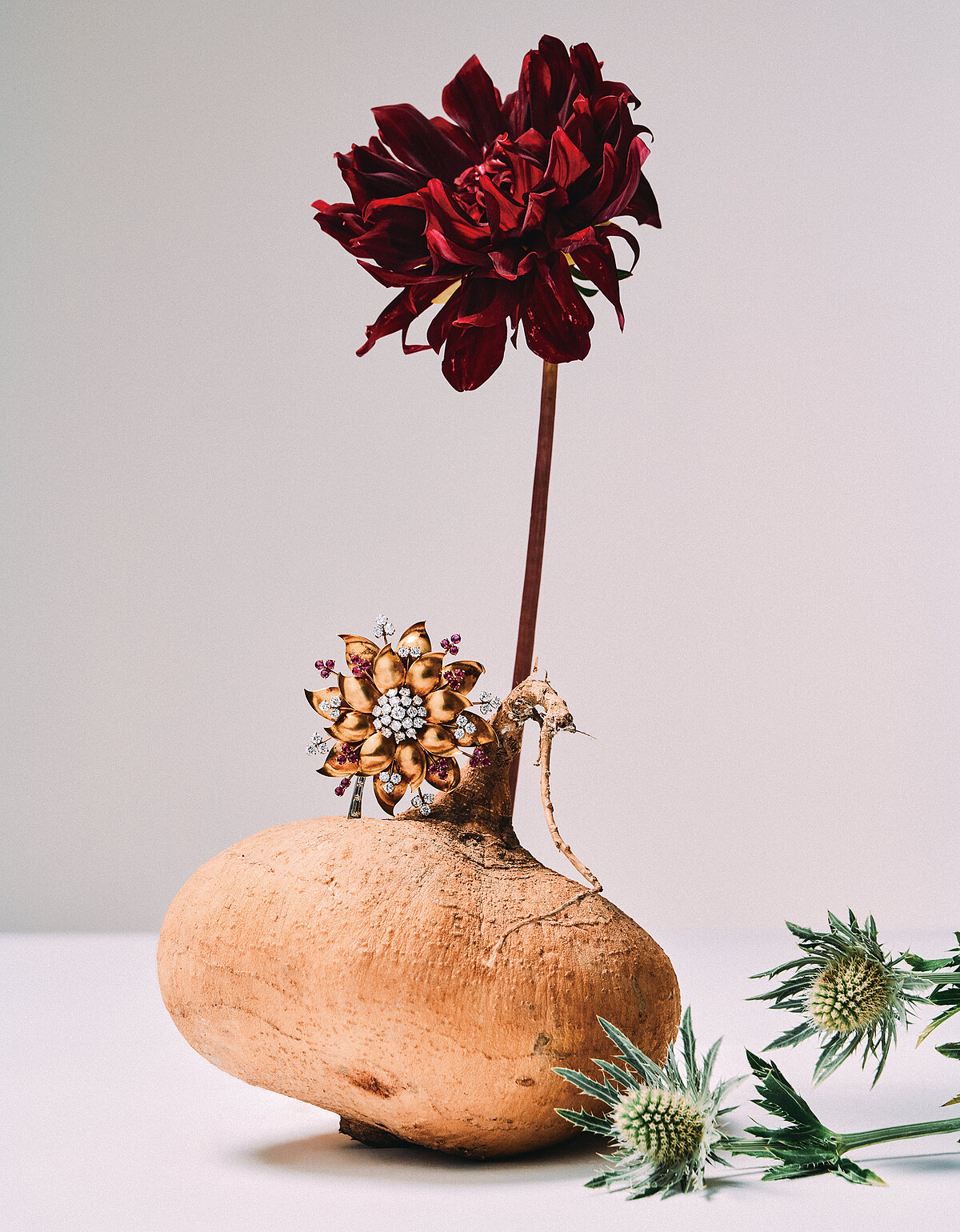 Heritage典藏系列：Flower胸針，(1946年，黃K金、鉑金、白K金、紅寶石、鑽石)。