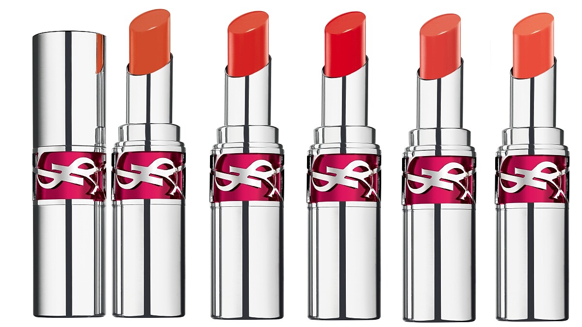 YSL情挑誘吻晶亮蜜唇膏(左起)#8茄紅蜜糖、#9蜜橘軟糖、#10撒嬌甜莓、#11無花果蜜、#12糖漬蜜桃，NT1,380