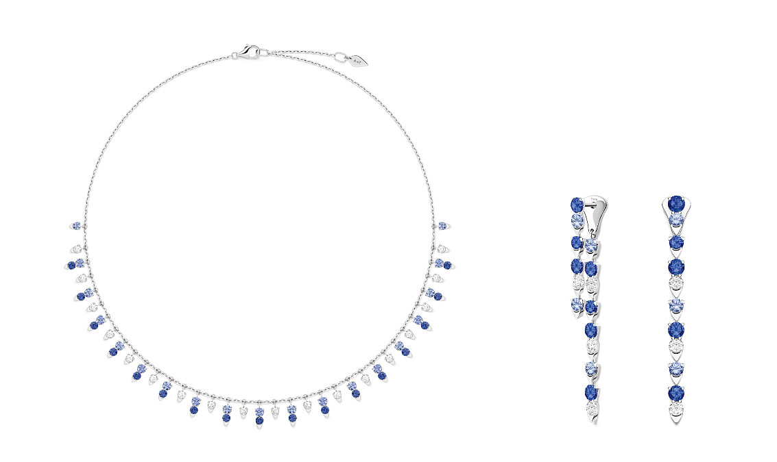 PIAGET Sunlight系列18K白金鑽石及藍寶石項鍊、Sunlight系列18K白金鑽石及藍寶石耳環。