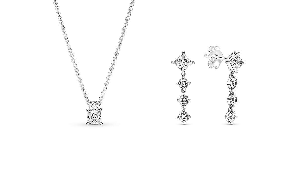 璀璨方圓寶石短項鏈NT3,280、璀璨方圓寶石垂墜耳環NT3,280