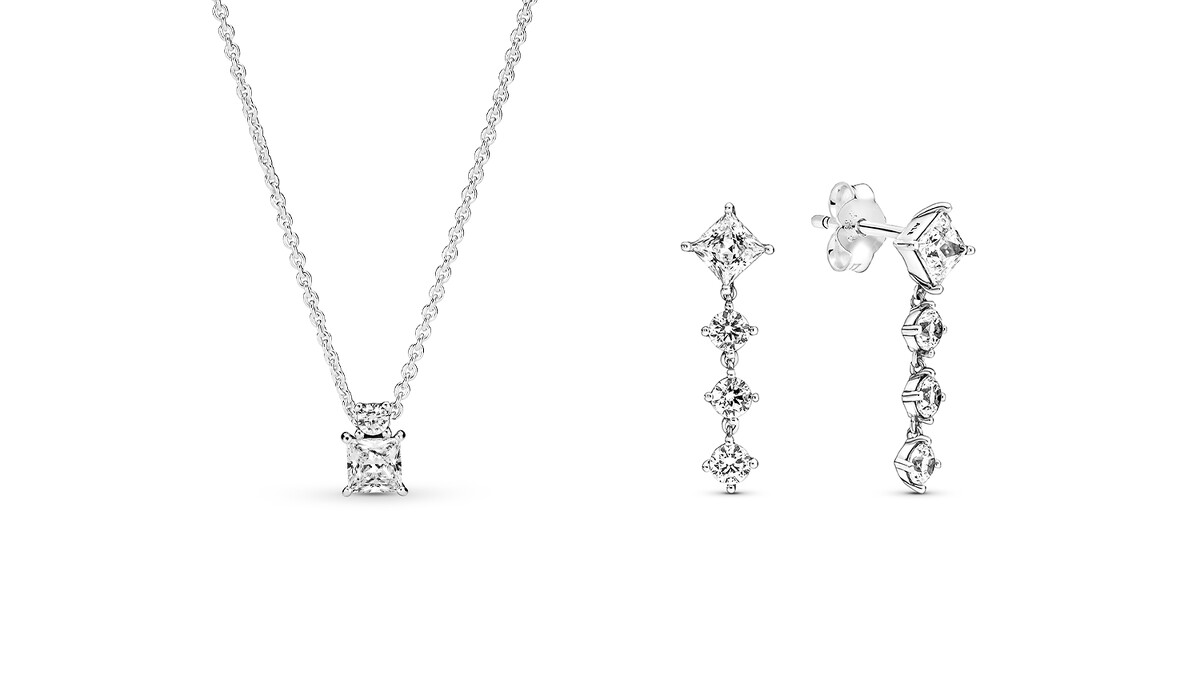 璀璨方圓寶石短項鏈NT3,280、璀璨方圓寶石垂墜耳環NT3,280