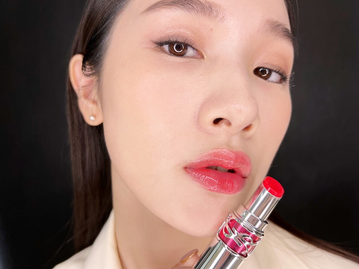 YSL情挑誘吻晶亮蜜唇膏(#12糖漬蜜桃)實擦。