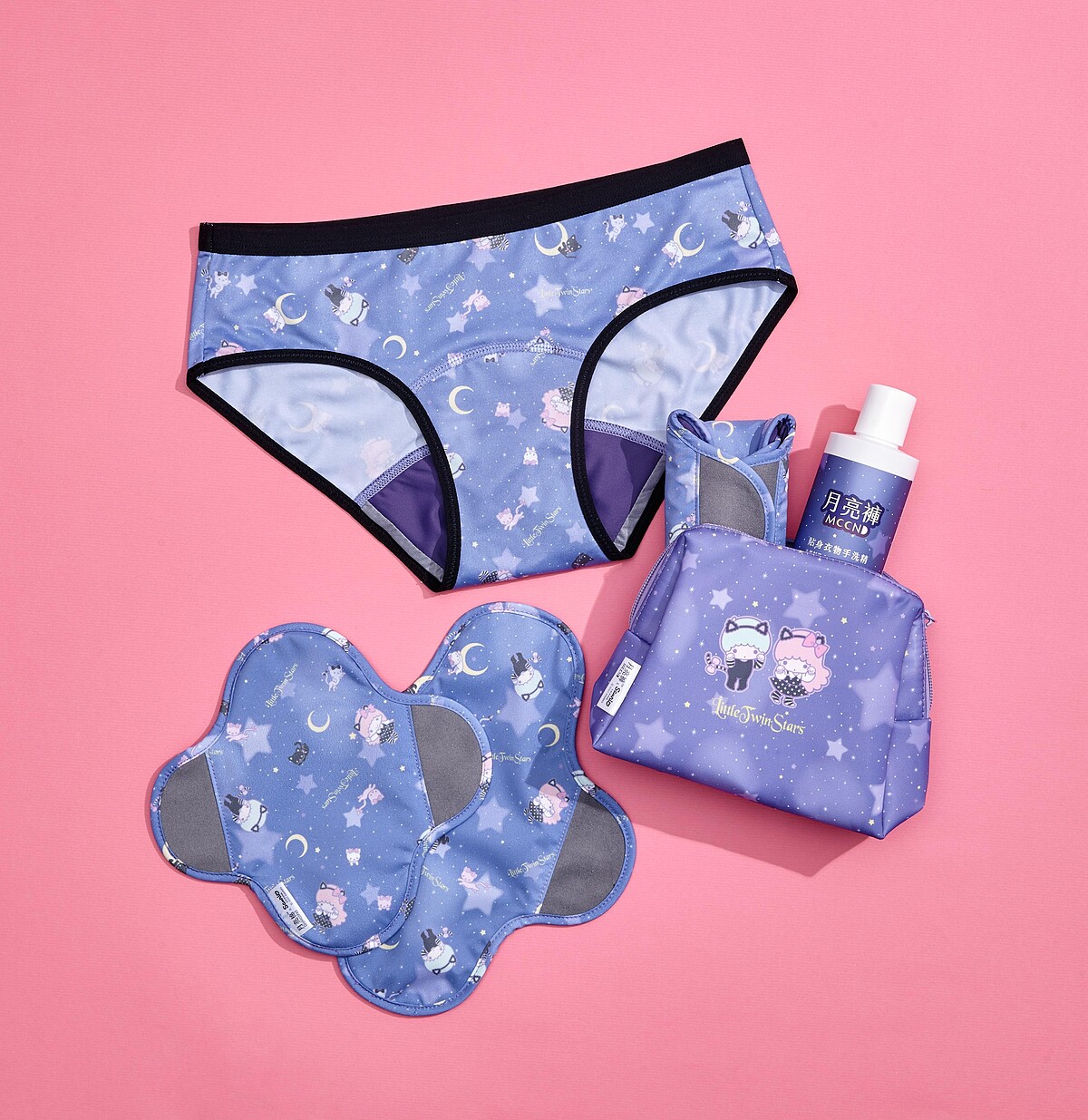 雙星仙子系列組合：月亮褲X1件+月亮棉X3片(19、23、28cm各一)、手洗精X1瓶、防水收納包X1個。原價NT2,934 特價8折NT2,347