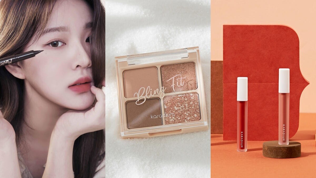 韓國彩妝品牌KARADIUM，左起為電影女王防水眼線筆、炫彩珠寶盒眼影、電影女王霧面絲柔唇釉。