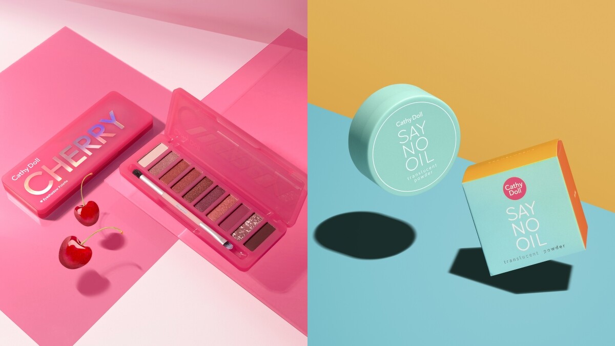 泰國彩妝Cathy Doll 凱蒂娃娃，左為顯色柔和10色眼影盤、右為零油光蜜粉。