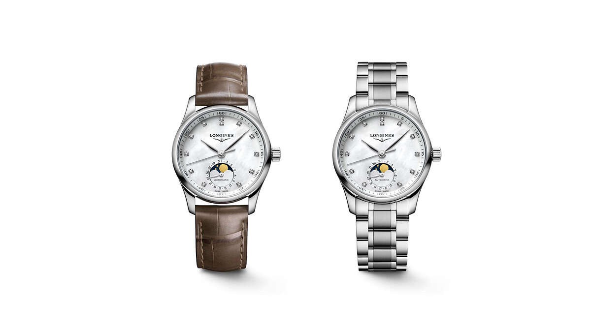 Longines浪琴表Master巨擘系列珍珠母貝面盤月相女士腕錶。