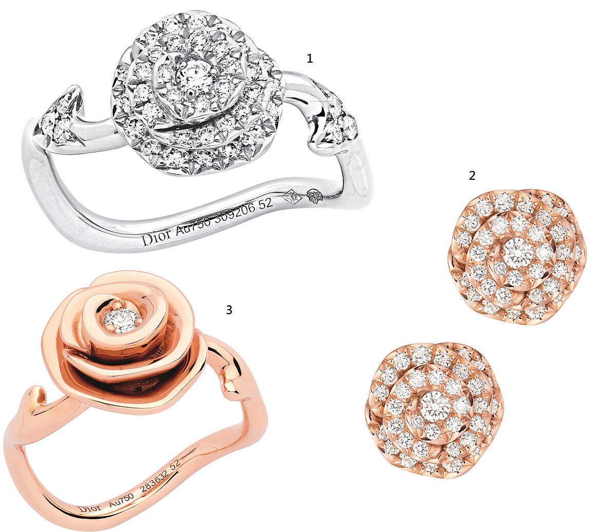 1. Rose Couture 系列戒指,2. Rose Couture 系列耳環,3. Rose Couture 系列戒指