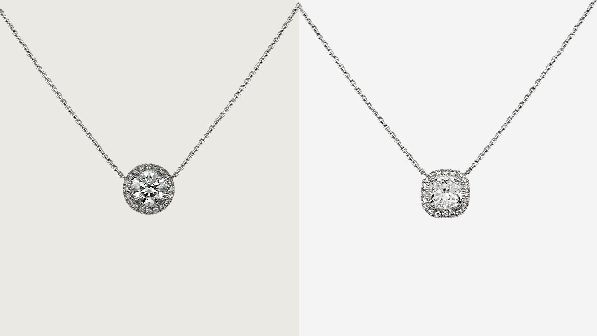 Destinee鑽石項鍊，圓形明亮式切割主鑽，0.5克拉起，NT$207,000起；Destinee鑽石項鍊，枕形切割主鑽，1克拉起，參考價錢NT$455,000 起。