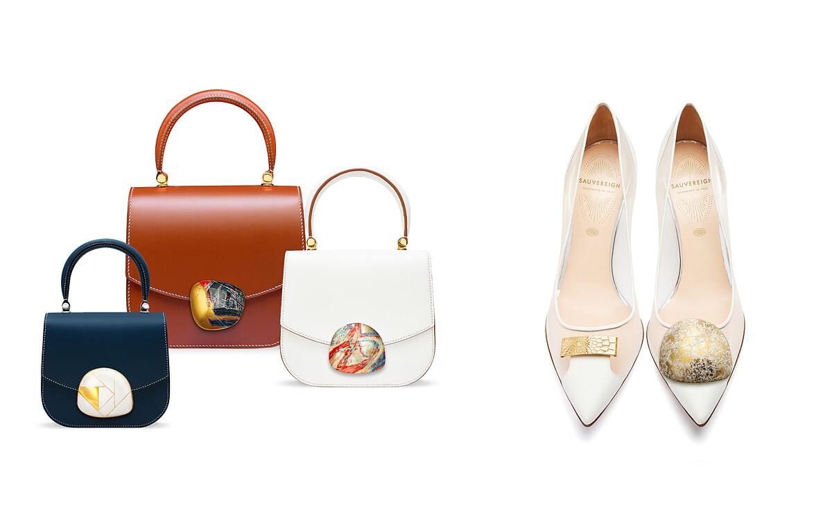 每件 SAUVEREIGN 作品皆以極具收藏價值的傳世金箔扣為軸心，可以任意活動拆卸的多變用途，能作為髮飾、胸針、項鍊墜飾，或是裝飾於包款、腰帶、鞋履上，提供專屬個人化選擇。
