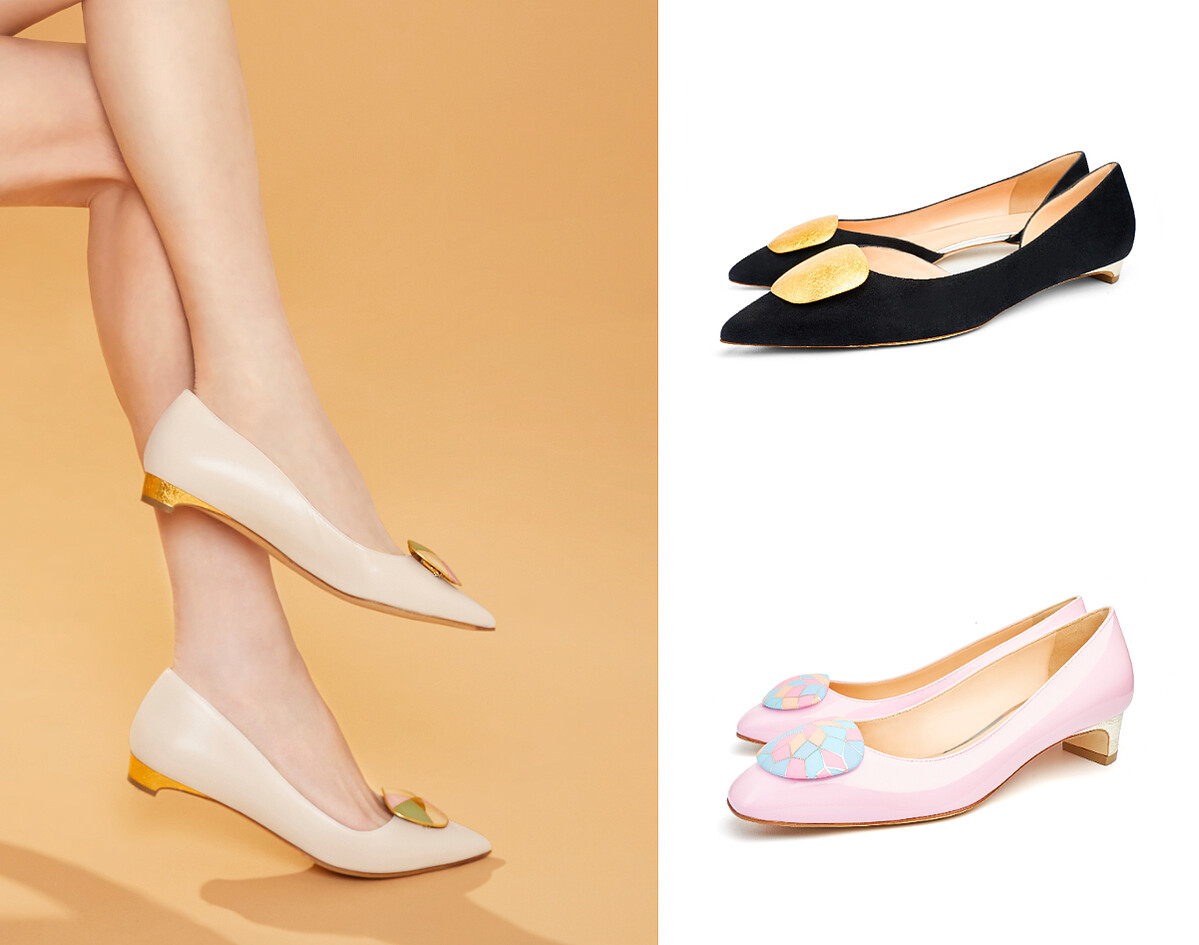 SAUVEREIGN 金箔扣飾均可自由挑選喜愛的款式，並搭配於所有SAUVEREIGN 鞋履上，即刻打造出一雙專屬鞋履。Nella 20金箔低跟鞋NT. 31,800起。