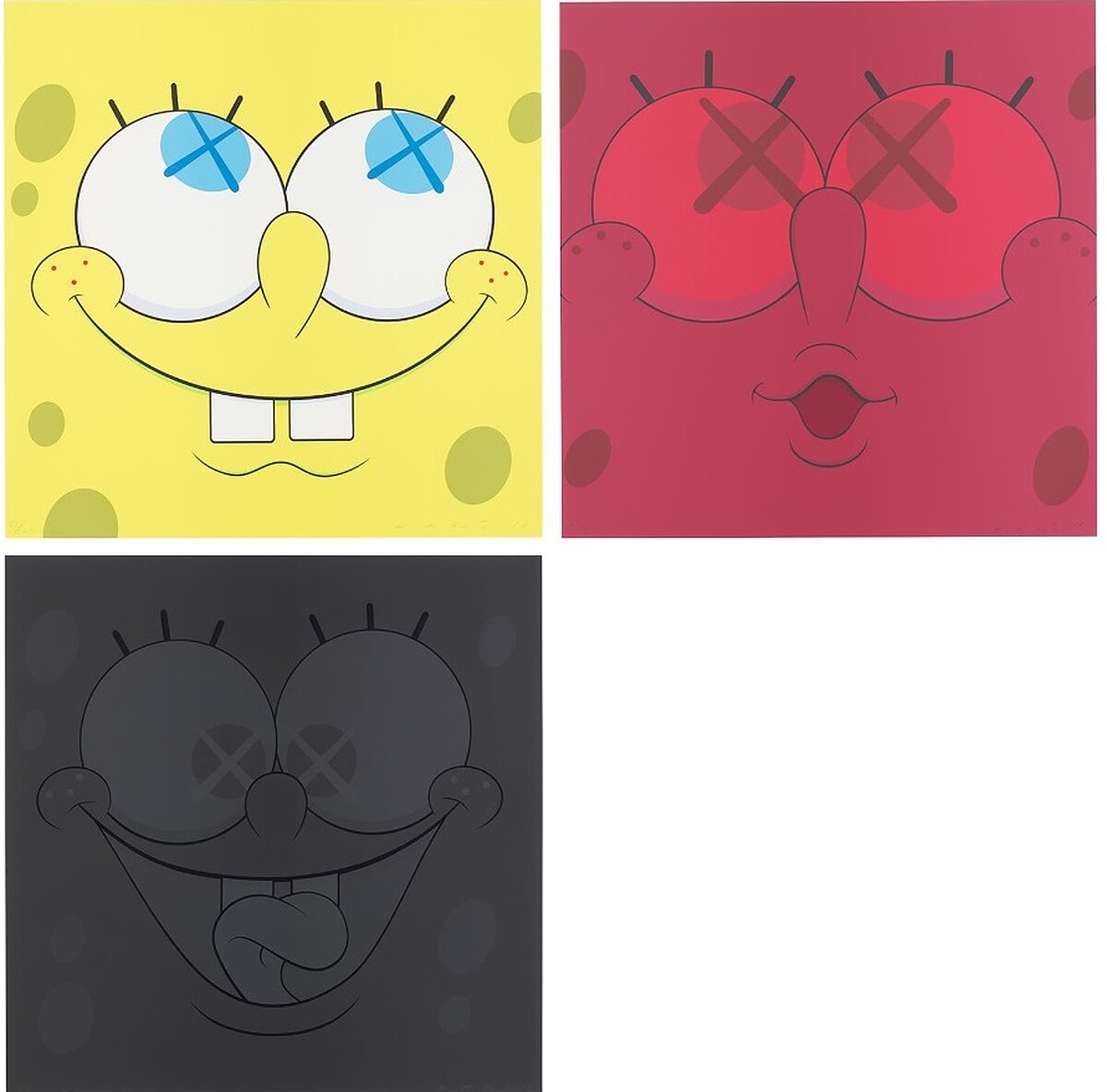 中陽藝廊，KAWS，BOB海綿寶寶(三件一組)彩色絲網印刷 紙本，50 x 50 cm，2011年。