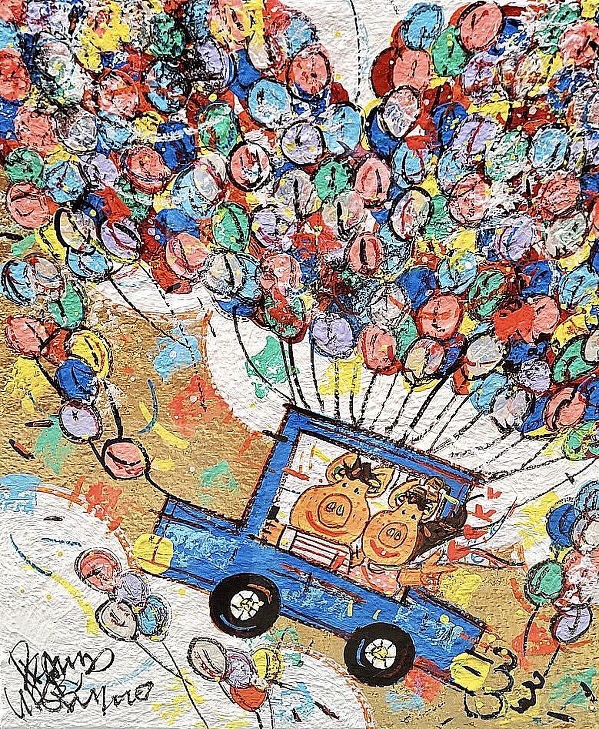 Gallery HANA，韓相胤，幸福的小豬家庭_幸福的旅，油彩畫布、金箔，53 x 45.5 cm，2021年。