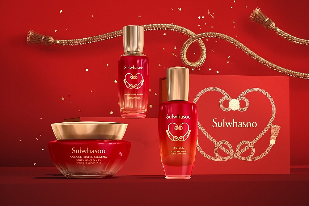 Sulwhasoo雪花秀新春養膚金三角-潤燥養膚精華、滋陰生人蔘緊緻煥顏微導精露、滋陰蔘回彈霜2022幸福如意限定版形象圖。