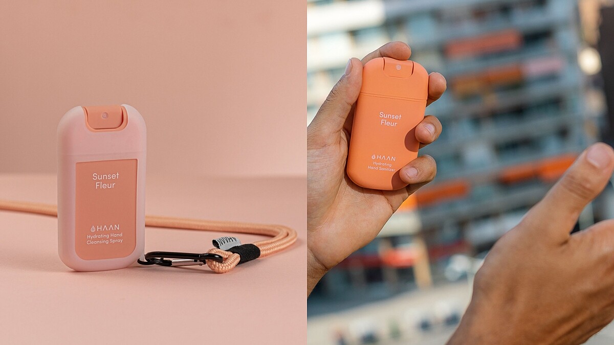 HAAN POCKET手部清潔保濕噴霧及掛繩組合-薄暮花香，NT538(圖/Pinkoi提供)。