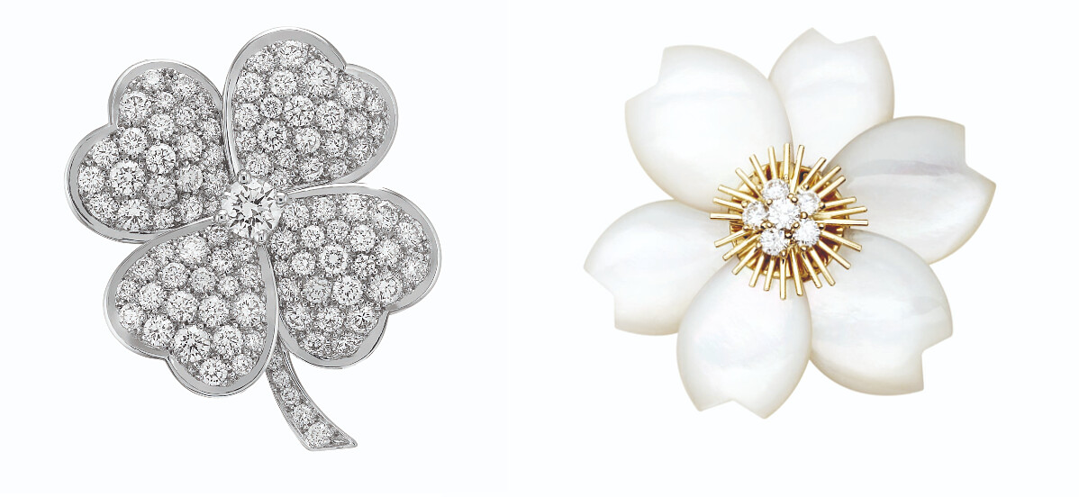 Cosmos胸針吊墜，大型款式(白K金、鑽石)、Rose de No&euml;l胸針，中型款式(黃K金、白色珍珠母貝、鑽石)