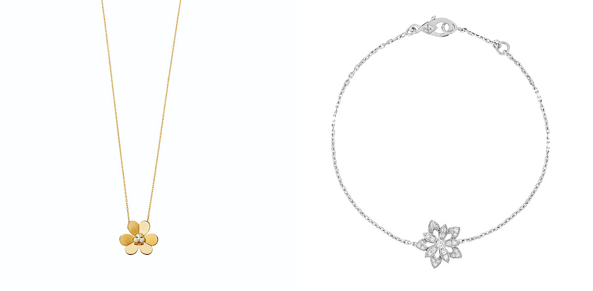 Frivole胸針吊墜，超大型款式(黃K金、鑽石)、Lotus鏤空手鍊，迷你款式(白K金、鑽石)