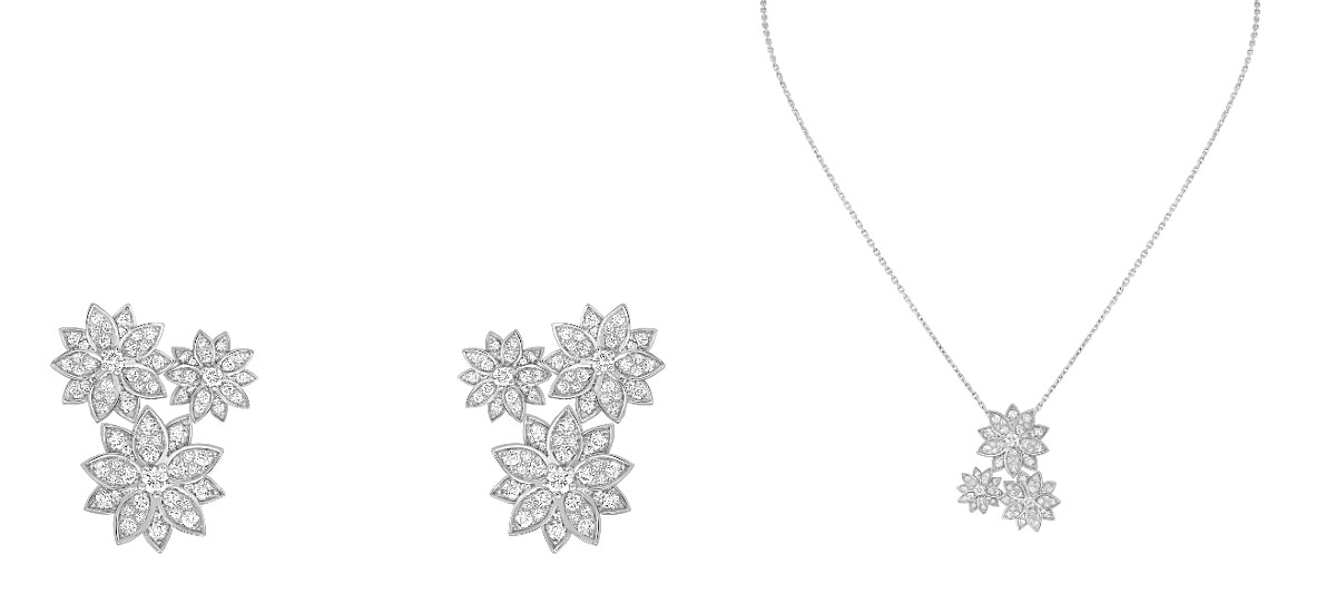 Lotus三花耳環(白K金、鑽石)、Lotus三花吊墜(白K金、鑽石)