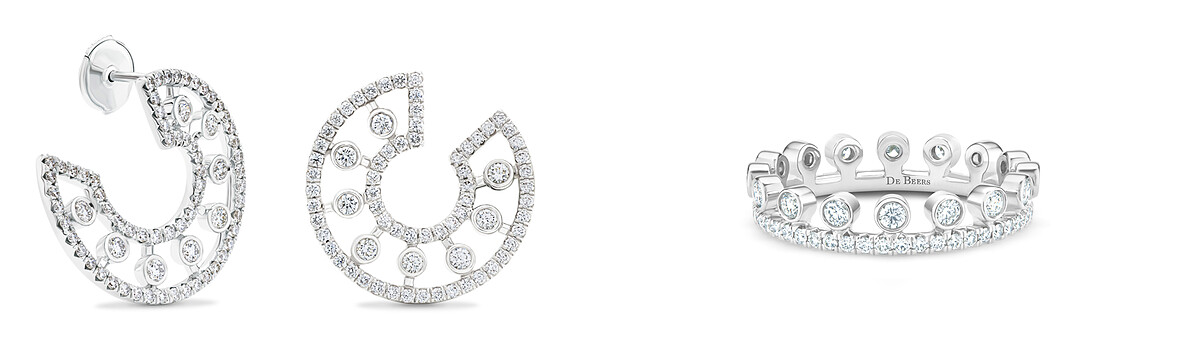 簡約設計搭以多顆閃耀天然美鑽,讓耳環與戒指散發精緻奢華感。De Beers Dewdrop 18K白金圈形鑽石耳環NT130,000、De Beers Dewdrop 18K白金單行密釘鑲鑽戒指NT103,000