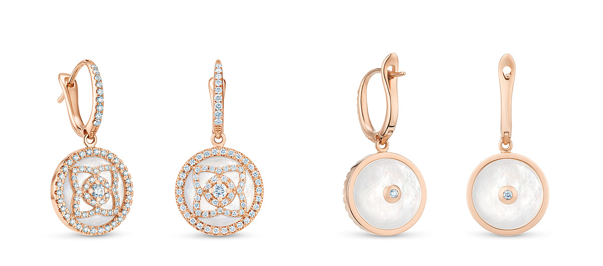 耳環正面是由鑽石排列而成的蓮花花瓣圖案,背面則是溫柔珍珠貝母設計。De Beers Enchanted Lotus 18K玫瑰金珍珠貝母鑽石垂墜式耳環NT174,000